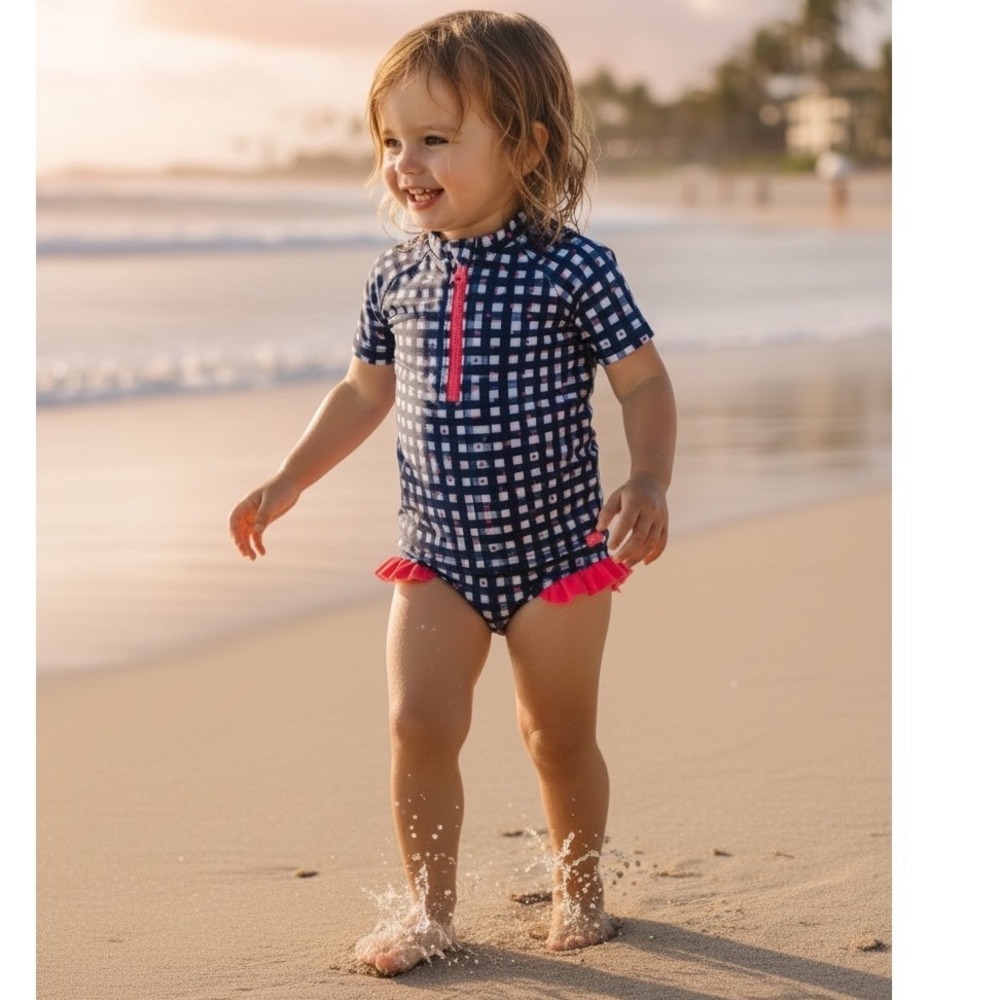 Andy & Evan Girls Navy Gingham Rash Guard 2-Piece Swimsuit Set 6Y NWT (G)